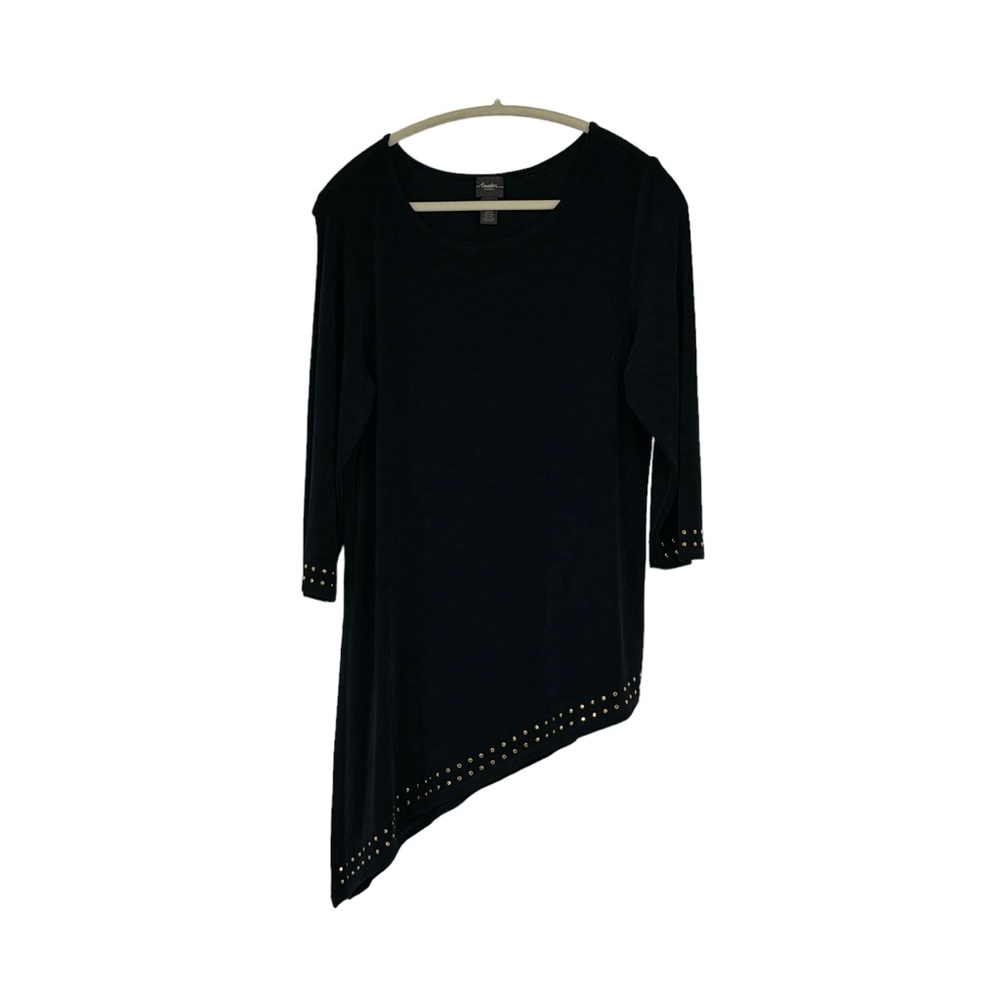 Chico’s Travelers Size 1 (Reg 8) Black Tunic Top Asymmetrical Hem Bronze Studs